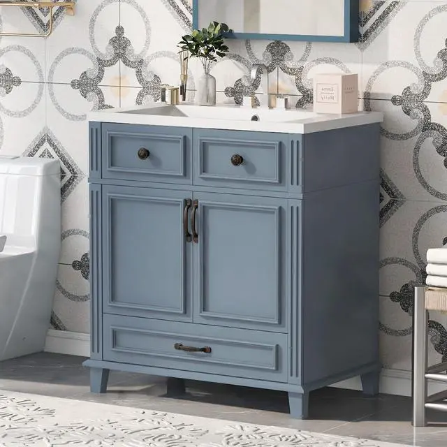 Main image of 30 Inch Blue Bathroom Vanity with Sink,Modern Bathroom Sink Cabinet 30" with Bottom Drawer & Storage Cabinet,Drop-in with Integrated Countertop,Soft Closing,Solid Wood Frame