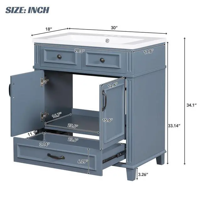 Alt view image 2 of 6 - 30 Inch Blue Bathroom Vanity with Sink,Modern Bathroom Sink Cabinet 30" with Bottom Drawer & Storage Cabinet,Drop-in with Integrated Countertop,Soft Closing,Solid Wood Frame