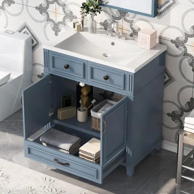 Alt view image 3 of 6 - 30 Inch Blue Bathroom Vanity with Sink,Modern Bathroom Sink Cabinet 30" with Bottom Drawer & Storage Cabinet,Drop-in with Integrated Countertop,Soft Closing,Solid Wood Frame