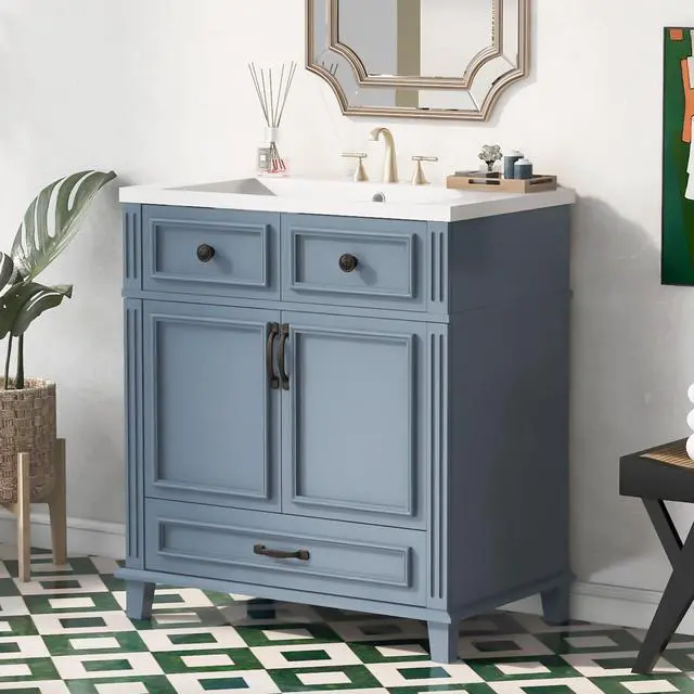 Alt view image 4 of 6 - 30 Inch Blue Bathroom Vanity with Sink,Modern Bathroom Sink Cabinet 30" with Bottom Drawer & Storage Cabinet,Drop-in with Integrated Countertop,Soft Closing,Solid Wood Frame