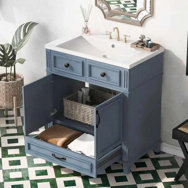 Alt view image 5 of 6 - 30 Inch Blue Bathroom Vanity with Sink,Modern Bathroom Sink Cabinet 30" with Bottom Drawer & Storage Cabinet,Drop-in with Integrated Countertop,Soft Closing,Solid Wood Frame