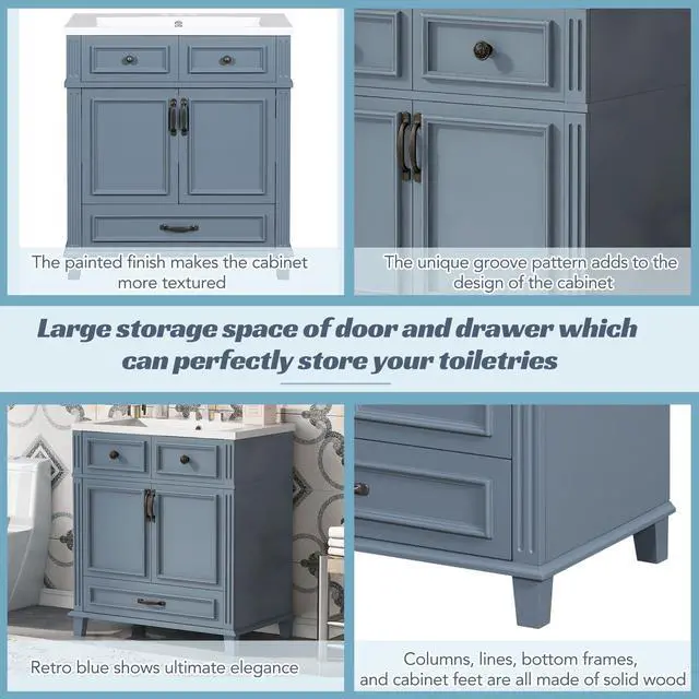 Alt view image 6 of 6 - 30 Inch Blue Bathroom Vanity with Sink,Modern Bathroom Sink Cabinet 30" with Bottom Drawer & Storage Cabinet,Drop-in with Integrated Countertop,Soft Closing,Solid Wood Frame