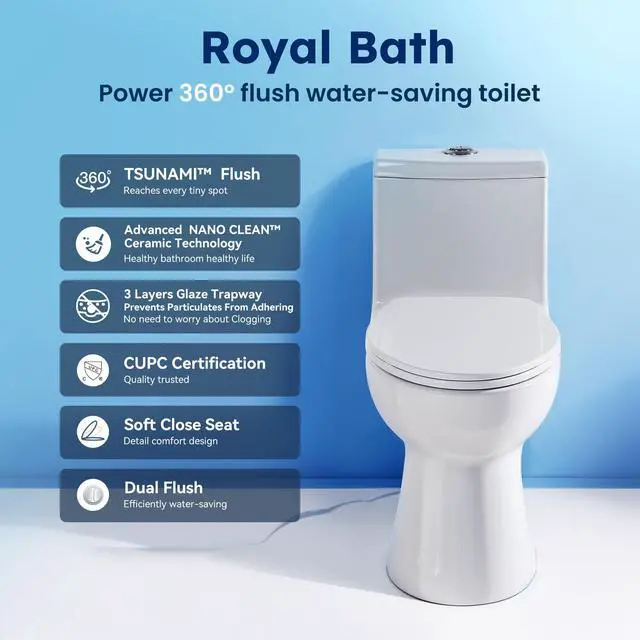 Alt view image 2 of 6 - 360° TSUNAMI Flush One-piece Toilet: 17.3" ADA Height, Nano Self-Cleaning, WaterSense/MAP/CUPC Certified, 0.8/1.28 Gal Dual Flush-Water saving, Elongated Bowl & Soft-Close Seat,12" Rough-In