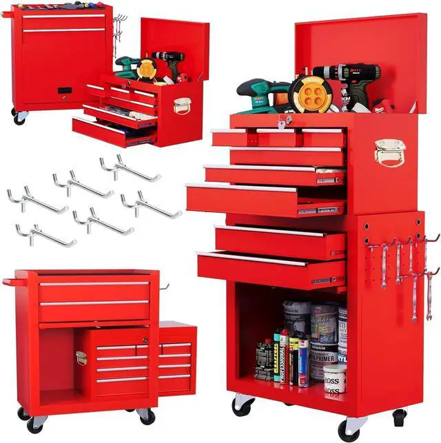 Main image of 8-Drawer Rolling Tool Chest, 2-in-1 Detachable Tool Box Cabinet with Wheels, Lockable Metal Tool Storage with Liners for Garage Workshop, Red
