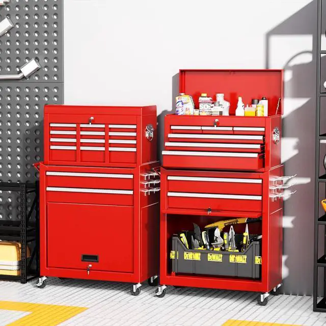 Alt view image 2 of 6 - 8-Drawer Rolling Tool Chest, 2-in-1 Detachable Tool Box Cabinet with Wheels, Lockable Metal Tool Storage with Liners for Garage Workshop, Red