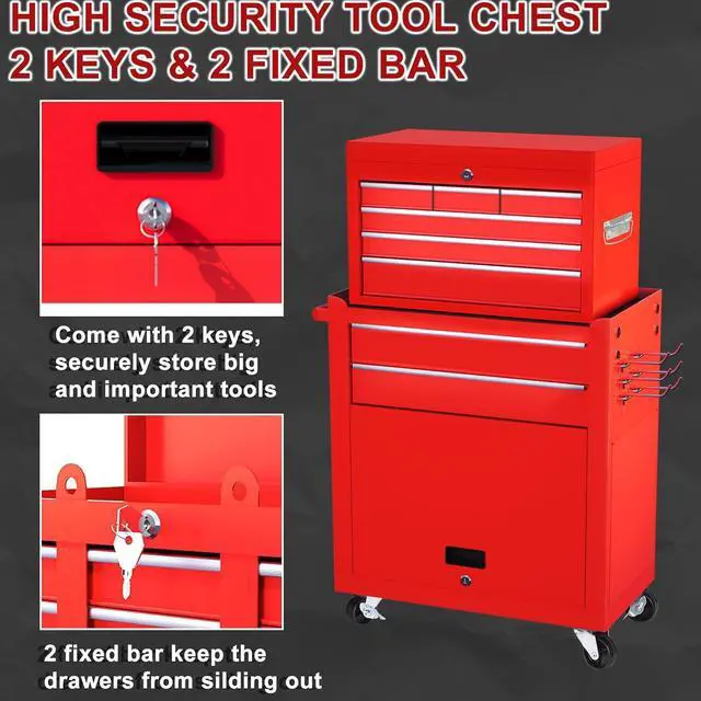 Alt view image 5 of 6 - 8-Drawer Rolling Tool Chest, 2-in-1 Detachable Tool Box Cabinet with Wheels, Lockable Metal Tool Storage with Liners for Garage Workshop, Red