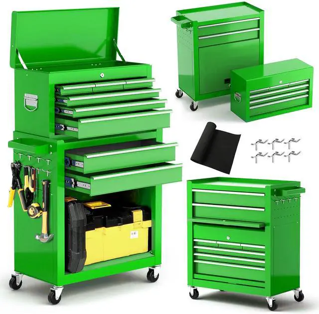 Main image of 8-Drawer Rolling Tool Chest, 2-in-1 Detachable Tool Box Cabinet with Wheels, Lockable Metal Tool Storage with Liners for Garage Workshop, Green