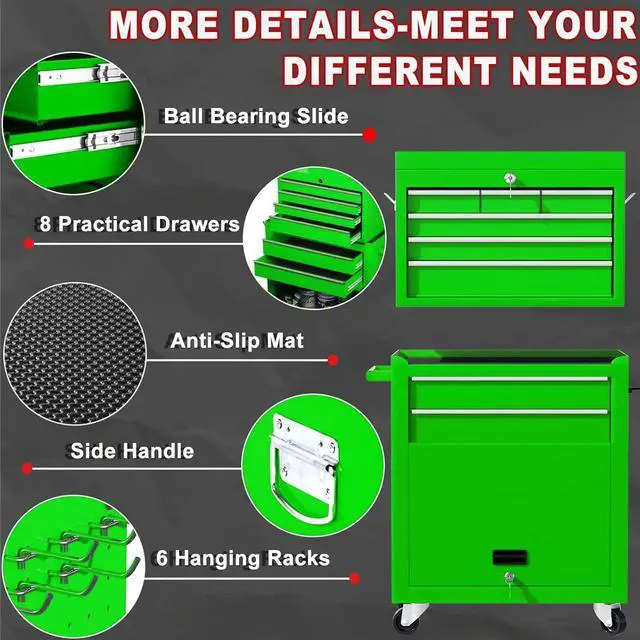 Alt view image 3 of 6 - 8-Drawer Rolling Tool Chest, 2-in-1 Detachable Tool Box Cabinet with Wheels, Lockable Metal Tool Storage with Liners for Garage Workshop, Green