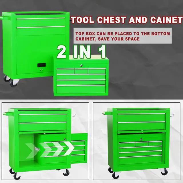 Alt view image 6 of 6 - 8-Drawer Rolling Tool Chest, 2-in-1 Detachable Tool Box Cabinet with Wheels, Lockable Metal Tool Storage with Liners for Garage Workshop, Green