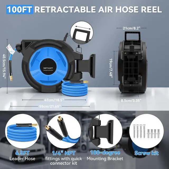 Alt view image 2 of 6 - Retractable Air Hose Reel 100FT + 6.5FT, Heavy Duty 3/8" x 100FT Hybrid Air Compressor Hose Reel, Automatic Rewind, 300PSI Wall Mount Hose Reel with Brass Fittings for Garage Workshop