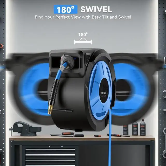 Alt view image 4 of 6 - Retractable Air Hose Reel 100FT + 6.5FT, Heavy Duty 3/8" x 100FT Hybrid Air Compressor Hose Reel, Automatic Rewind, 300PSI Wall Mount Hose Reel with Brass Fittings for Garage Workshop