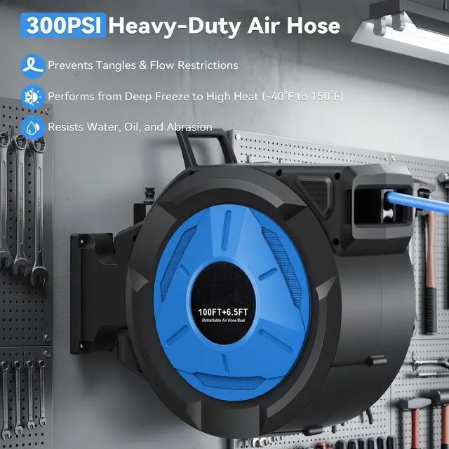 Alt view image 5 of 6 - Retractable Air Hose Reel 100FT + 6.5FT, Heavy Duty 3/8" x 100FT Hybrid Air Compressor Hose Reel, Automatic Rewind, 300PSI Wall Mount Hose Reel with Brass Fittings for Garage Workshop