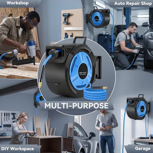 Alt view image 6 of 6 - Retractable Air Hose Reel 100FT + 6.5FT, Heavy Duty 3/8" x 100FT Hybrid Air Compressor Hose Reel, Automatic Rewind, 300PSI Wall Mount Hose Reel with Brass Fittings for Garage Workshop