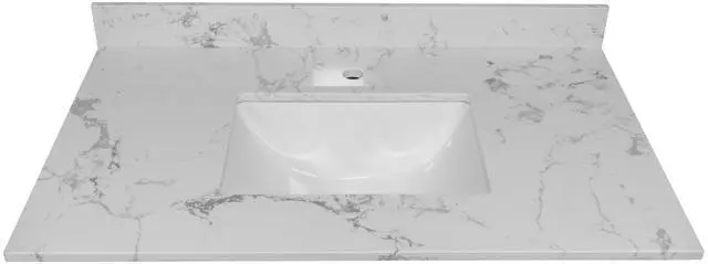 Main image of 31 Inch Marble Vanity Top with Undermounted Rectangular Ceramic Sink & Backsplash, Carrara White Engineered Stone Countertop Vanity Sink Top for Bathroom 1 Pre-Drilled Hole