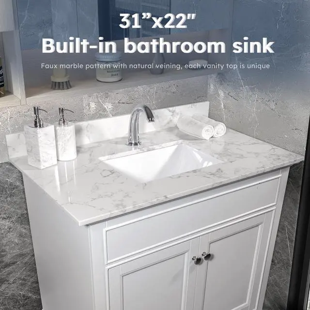 Alt view image 2 of 6 - 31 Inch Marble Vanity Top with Undermounted Rectangular Ceramic Sink & Backsplash, Carrara White Engineered Stone Countertop Vanity Sink Top for Bathroom 1 Pre-Drilled Hole