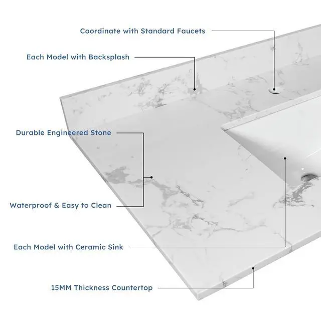 Alt view image 4 of 6 - 31 Inch Marble Vanity Top with Undermounted Rectangular Ceramic Sink & Backsplash, Carrara White Engineered Stone Countertop Vanity Sink Top for Bathroom 1 Pre-Drilled Hole