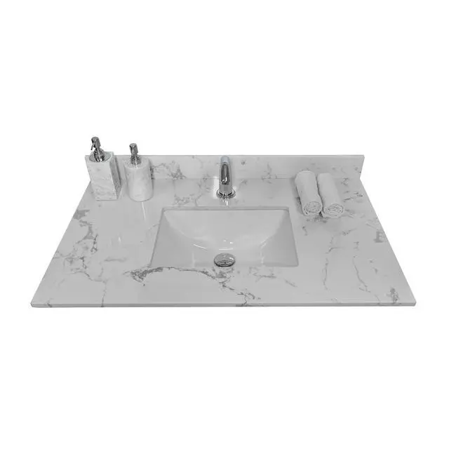 Alt view image 5 of 6 - 31 Inch Marble Vanity Top with Undermounted Rectangular Ceramic Sink & Backsplash, Carrara White Engineered Stone Countertop Vanity Sink Top for Bathroom 1 Pre-Drilled Hole