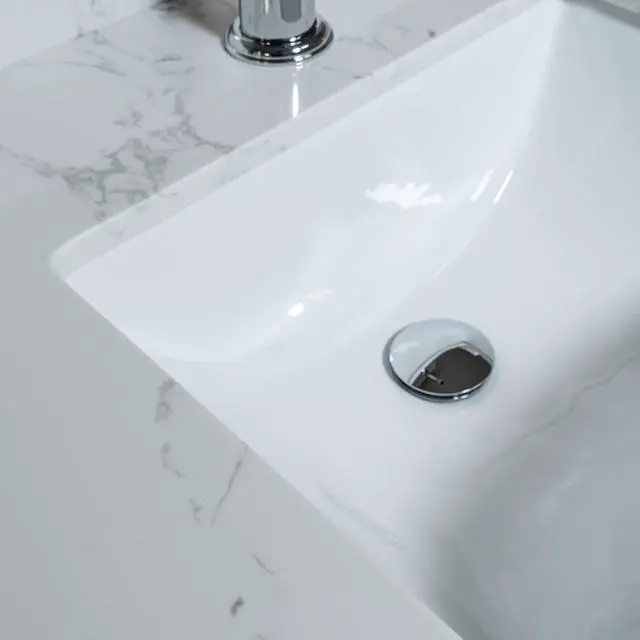 Alt view image 6 of 6 - 31 Inch Marble Vanity Top with Undermounted Rectangular Ceramic Sink & Backsplash, Carrara White Engineered Stone Countertop Vanity Sink Top for Bathroom 1 Pre-Drilled Hole