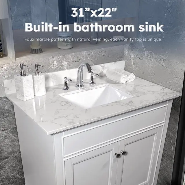 Alt view image 2 of 6 - 31 Inch Marble Vanity Top with Undermounted Rectangular Ceramic Sink & Backsplash, White Carrara Engineered Stone Countertop Vanity Sink Top for Bathroom 3 Pre-Drilled Hole
