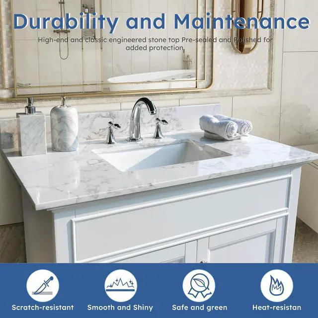Alt view image 4 of 6 - 31 Inch Marble Vanity Top with Undermounted Rectangular Ceramic Sink & Backsplash, White Carrara Engineered Stone Countertop Vanity Sink Top for Bathroom 3 Pre-Drilled Hole