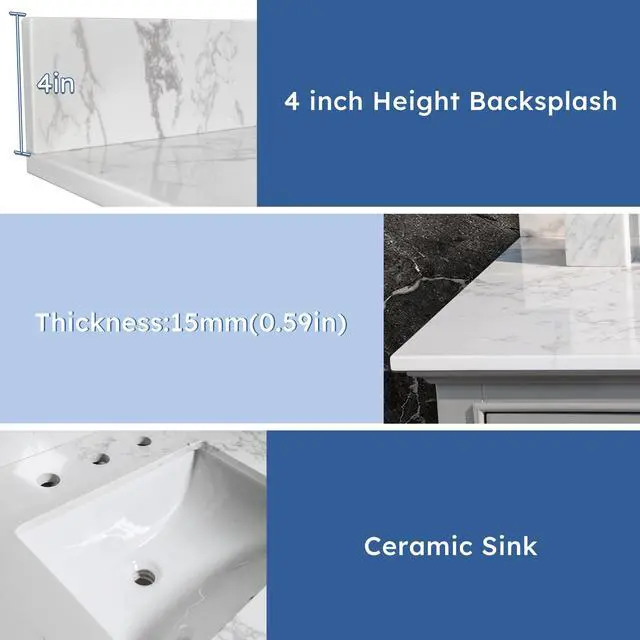 Alt view image 6 of 6 - 31 Inch Marble Vanity Top with Undermounted Rectangular Ceramic Sink & Backsplash, White Carrara Engineered Stone Countertop Vanity Sink Top for Bathroom 3 Pre-Drilled Hole