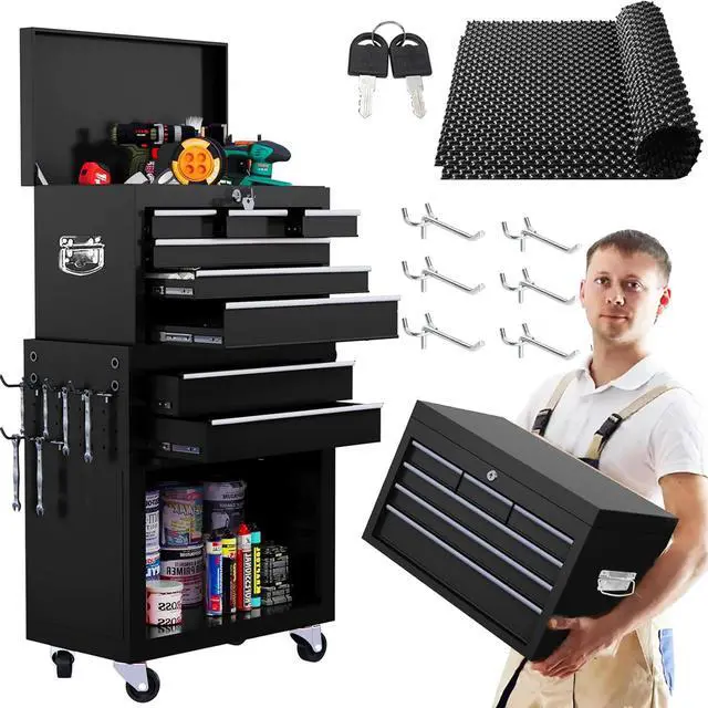 Main image of 8-Drawer Rolling Tool Chest 2-in-1 Lockable Tool Box with Wheels, Sliding Drawers & Detachable Top Garage & Workshop Storage Cabinet, Black