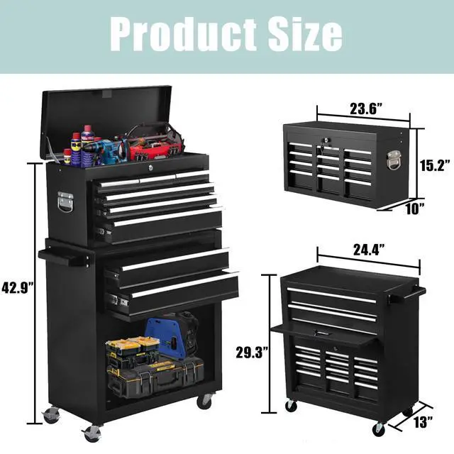 Alt view image 3 of 6 - 8-Drawer Rolling Tool Chest 2-in-1 Lockable Tool Box with Wheels, Sliding Drawers & Detachable Top Garage & Workshop Storage Cabinet, Black