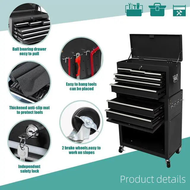 Alt view image 5 of 6 - 8-Drawer Rolling Tool Chest 2-in-1 Lockable Tool Box with Wheels, Sliding Drawers & Detachable Top Garage & Workshop Storage Cabinet, Black