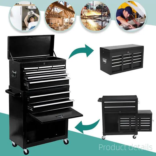 Alt view image 6 of 6 - 8-Drawer Rolling Tool Chest 2-in-1 Lockable Tool Box with Wheels, Sliding Drawers & Detachable Top Garage & Workshop Storage Cabinet, Black