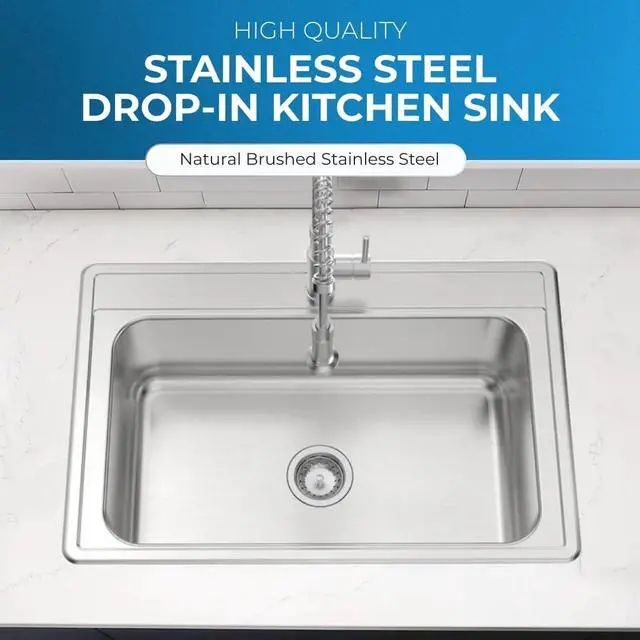 Alt view image 2 of 6 - Zuhnë Fortuna 33-Inch Drop-In Single Bowl Stainless Steel Kitchen Sink, 20 Gauge T304 18/10, Brushed Finish, Single Hole Deck, 33 x 22 x 9 in
