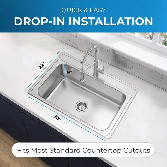 Alt view image 3 of 6 - Zuhnë Fortuna 33-Inch Drop-In Single Bowl Stainless Steel Kitchen Sink, 20 Gauge T304 18/10, Brushed Finish, Single Hole Deck, 33 x 22 x 9 in