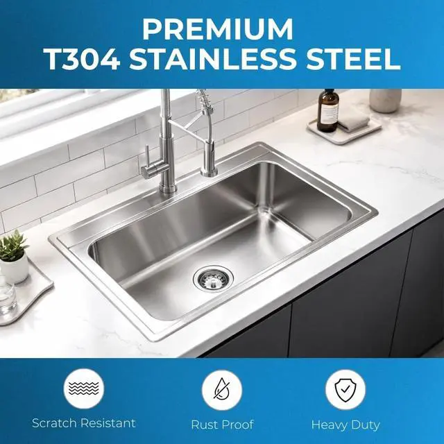 Alt view image 4 of 6 - Zuhnë Fortuna 33-Inch Drop-In Single Bowl Stainless Steel Kitchen Sink, 20 Gauge T304 18/10, Brushed Finish, Single Hole Deck, 33 x 22 x 9 in