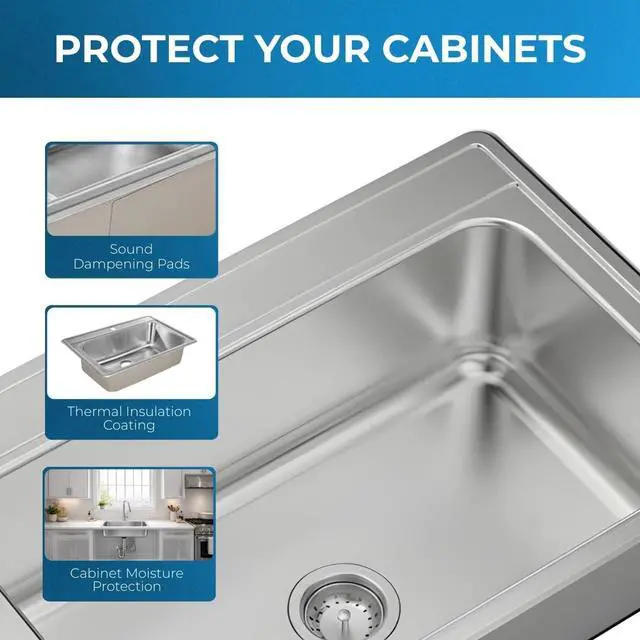Alt view image 5 of 6 - Zuhnë Fortuna 33-Inch Drop-In Single Bowl Stainless Steel Kitchen Sink, 20 Gauge T304 18/10, Brushed Finish, Single Hole Deck, 33 x 22 x 9 in