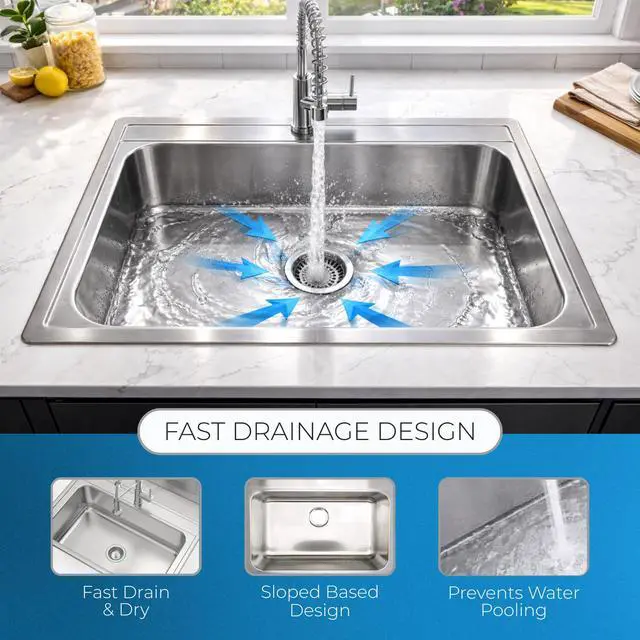 Alt view image 6 of 6 - Zuhnë Fortuna 33-Inch Drop-In Single Bowl Stainless Steel Kitchen Sink, 20 Gauge T304 18/10, Brushed Finish, Single Hole Deck, 33 x 22 x 9 in