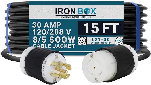Main image of IronBox Electric - L21-30 Extension Cord - 8/5 SOOW Cable Jacket, 30A Rated, 120/208V (3-Phase) - Ideal for Transfer Switches, Data Centers, Industrial Settings, and High-Powered Applications(15 ft)