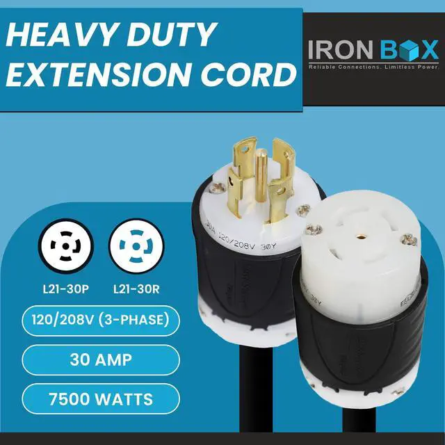 Alt view image 2 of 6 - IronBox Electric - L21-30 Extension Cord - 8/5 SOOW Cable Jacket, 30A Rated, 120/208V (3-Phase) - Ideal for Transfer Switches, Data Centers, Industrial Settings, and High-Powered Applications(15 ft)