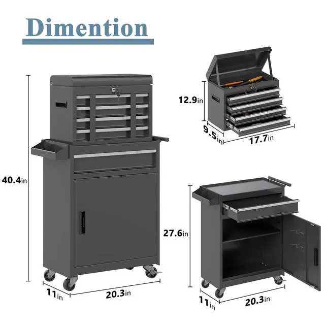 Alt view image 3 of 6 - Tool Chest, 5 Drawers Rolling Tool Cabinet, Removable Cabinet Storage Tool Box with Universal Lockable Wheels, Lock Bar, Metal Tool Storage Cart, Tool Box for Garage, Workshop