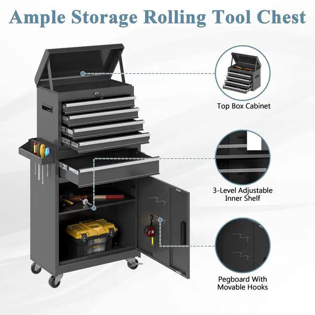 Alt view image 5 of 6 - Tool Chest, 5 Drawers Rolling Tool Cabinet, Removable Cabinet Storage Tool Box with Universal Lockable Wheels, Lock Bar, Metal Tool Storage Cart, Tool Box for Garage, Workshop