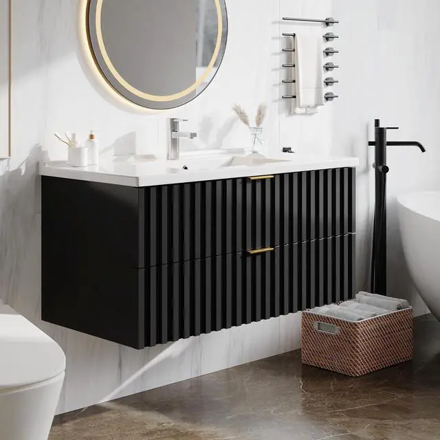 Main image of Bathroom Vanity with Sink Combo, Wall Mounted Black Fluted Cabinet with 2 Golden Metal Handle Drawers, Modern Floating Bathroom Cabinet with Ceramic Integrated Sink (36", Black)