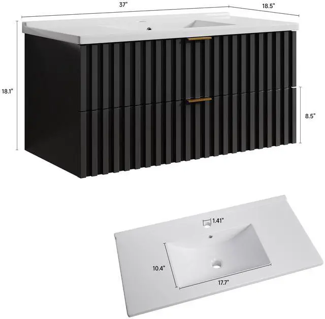 Alt view image 2 of 6 - Bathroom Vanity with Sink Combo, Wall Mounted Black Fluted Cabinet with 2 Golden Metal Handle Drawers, Modern Floating Bathroom Cabinet with Ceramic Integrated Sink (36", Black)