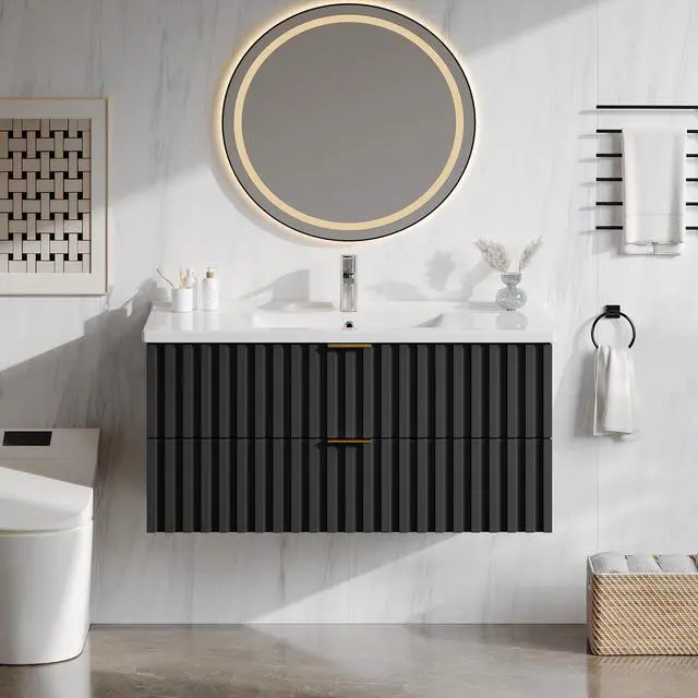 Alt view image 3 of 6 - Bathroom Vanity with Sink Combo, Wall Mounted Black Fluted Cabinet with 2 Golden Metal Handle Drawers, Modern Floating Bathroom Cabinet with Ceramic Integrated Sink (36", Black)