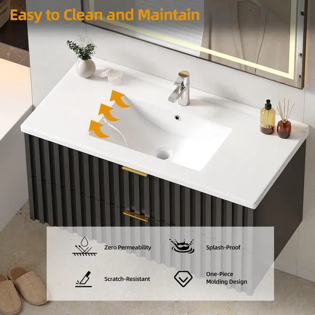 Alt view image 4 of 6 - Bathroom Vanity with Sink Combo, Wall Mounted Black Fluted Cabinet with 2 Golden Metal Handle Drawers, Modern Floating Bathroom Cabinet with Ceramic Integrated Sink (36", Black)