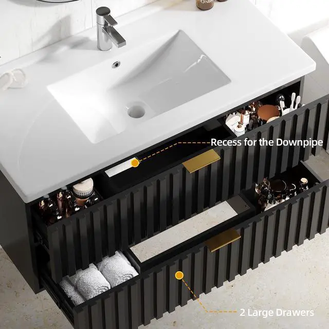 Alt view image 5 of 6 - Bathroom Vanity with Sink Combo, Wall Mounted Black Fluted Cabinet with 2 Golden Metal Handle Drawers, Modern Floating Bathroom Cabinet with Ceramic Integrated Sink (36", Black)