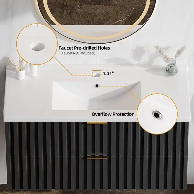 Alt view image 6 of 6 - Bathroom Vanity with Sink Combo, Wall Mounted Black Fluted Cabinet with 2 Golden Metal Handle Drawers, Modern Floating Bathroom Cabinet with Ceramic Integrated Sink (36", Black)