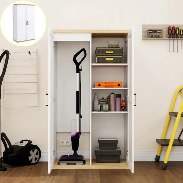 Main image of Wooden 55" Tall Broom Closet Storage Cabinet for Vacuum Cleaner & Floor Scrubbers with 2 Doors and Adjustable Shelf, Cleaning Supply Cabinet with Bottom Openwork for Laundry Room, Garage