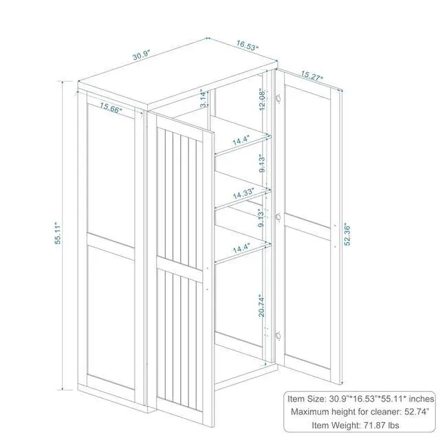 Alt view image 2 of 6 - Wooden 55" Tall Broom Closet Storage Cabinet for Vacuum Cleaner & Floor Scrubbers with 2 Doors and Adjustable Shelf, Cleaning Supply Cabinet with Bottom Openwork for Laundry Room, Garage