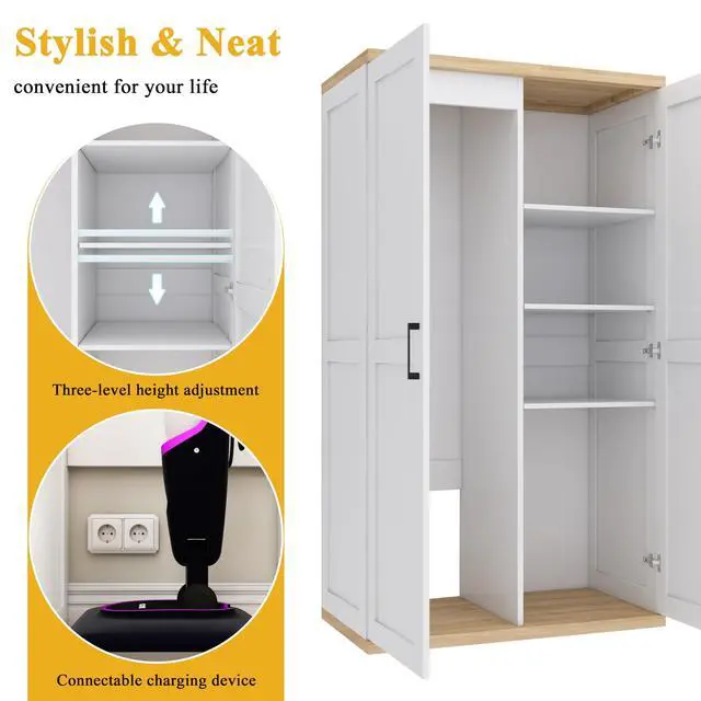 Alt view image 3 of 6 - Wooden 55" Tall Broom Closet Storage Cabinet for Vacuum Cleaner & Floor Scrubbers with 2 Doors and Adjustable Shelf, Cleaning Supply Cabinet with Bottom Openwork for Laundry Room, Garage
