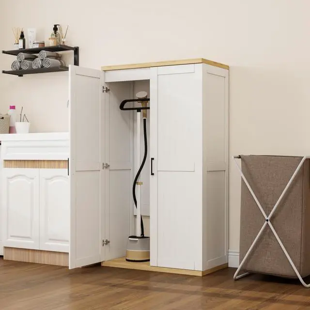 Alt view image 5 of 6 - Wooden 55" Tall Broom Closet Storage Cabinet for Vacuum Cleaner & Floor Scrubbers with 2 Doors and Adjustable Shelf, Cleaning Supply Cabinet with Bottom Openwork for Laundry Room, Garage