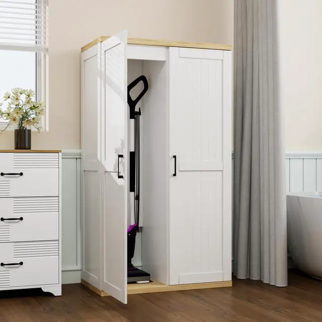 Alt view image 6 of 6 - Wooden 55" Tall Broom Closet Storage Cabinet for Vacuum Cleaner & Floor Scrubbers with 2 Doors and Adjustable Shelf, Cleaning Supply Cabinet with Bottom Openwork for Laundry Room, Garage