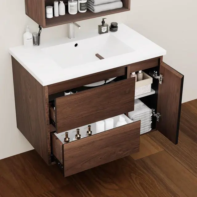 Alt view image 2 of 5 - 30 Inch Floating Bathroom Vanity Cabinet Only, Wall Mounted Storage Cabinet, Luxury Bathroom Organizer Walnut Finish, with 2 Drawers & Door Storage Compartment, Easy Assembly